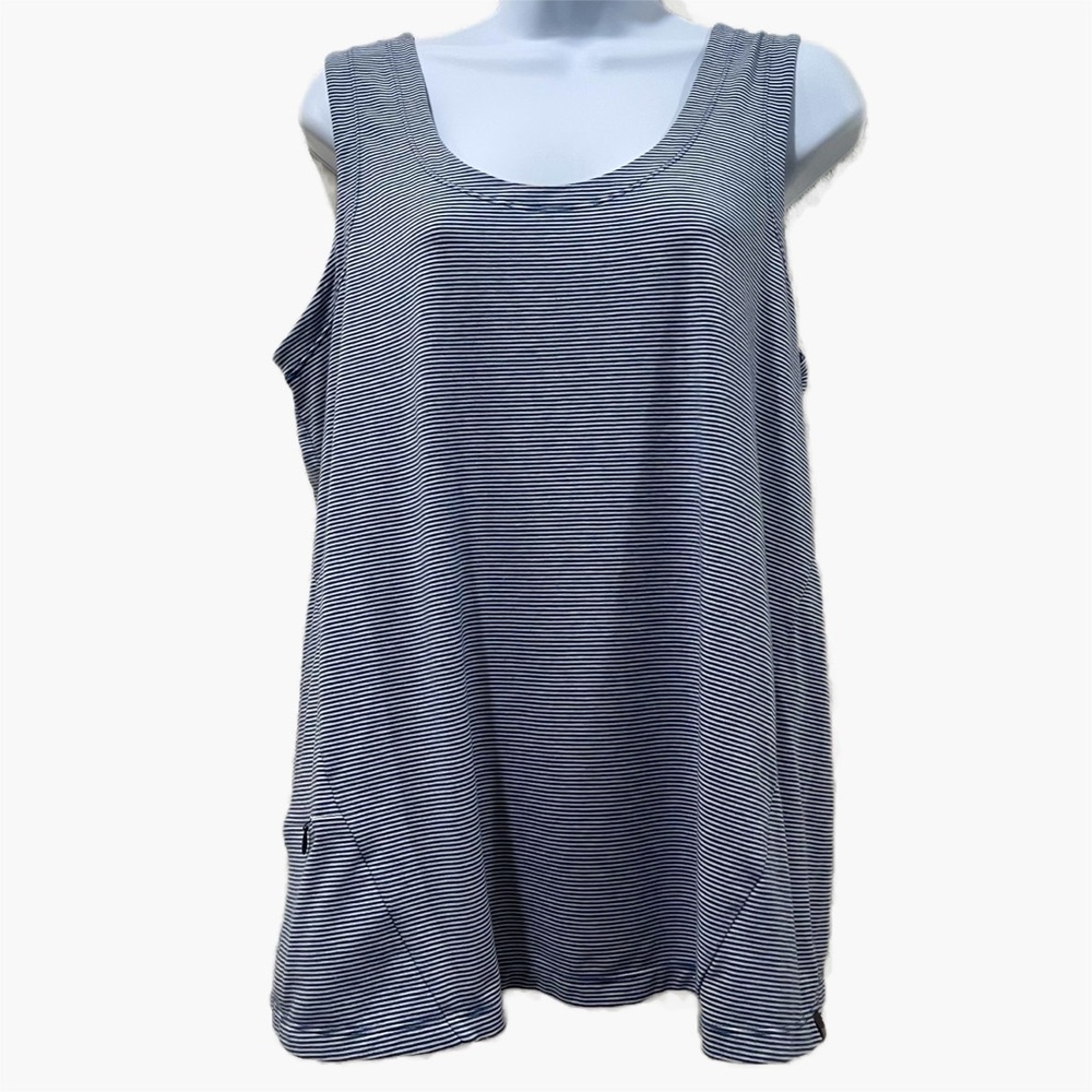 Toad & Co Navy & White Pin Stripe Round neck tank with pocket Large